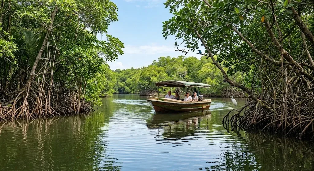 Motorboat passing islands and mangrove channels in the Madu Ganga wetlands