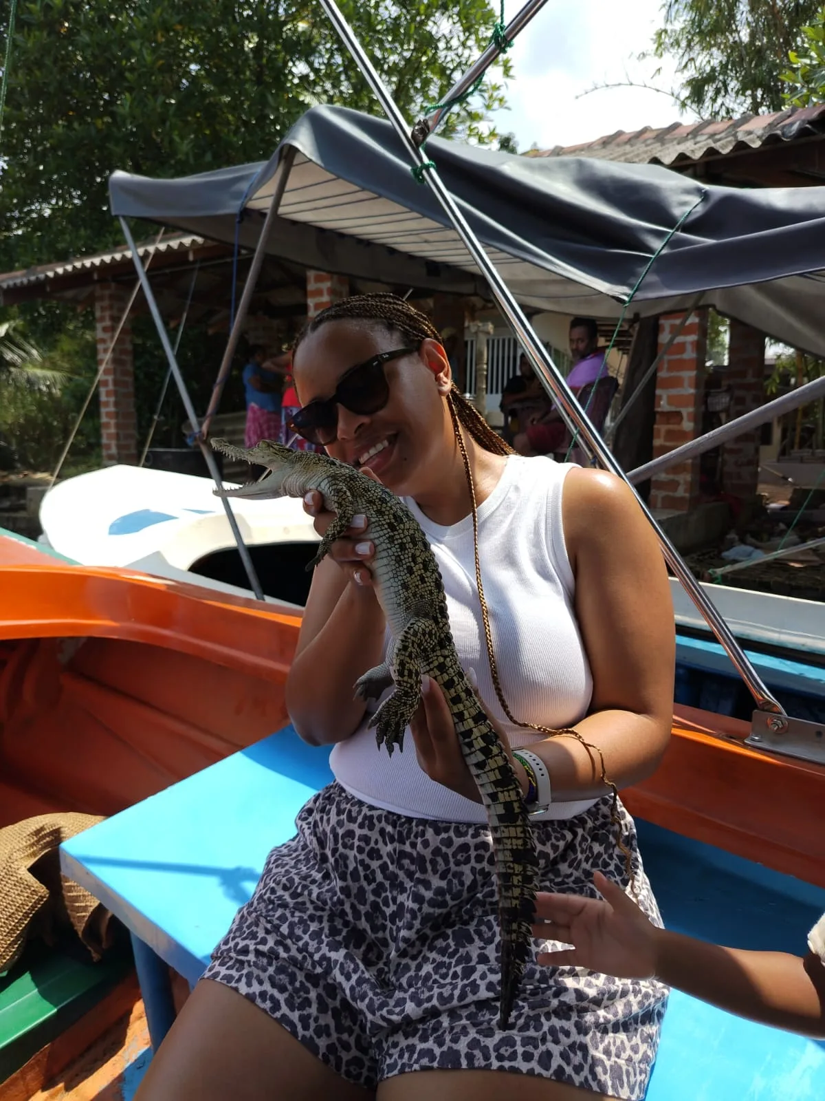 A smiling guest carefully holding a young crocodile beside a colourful Bentota river safari boat