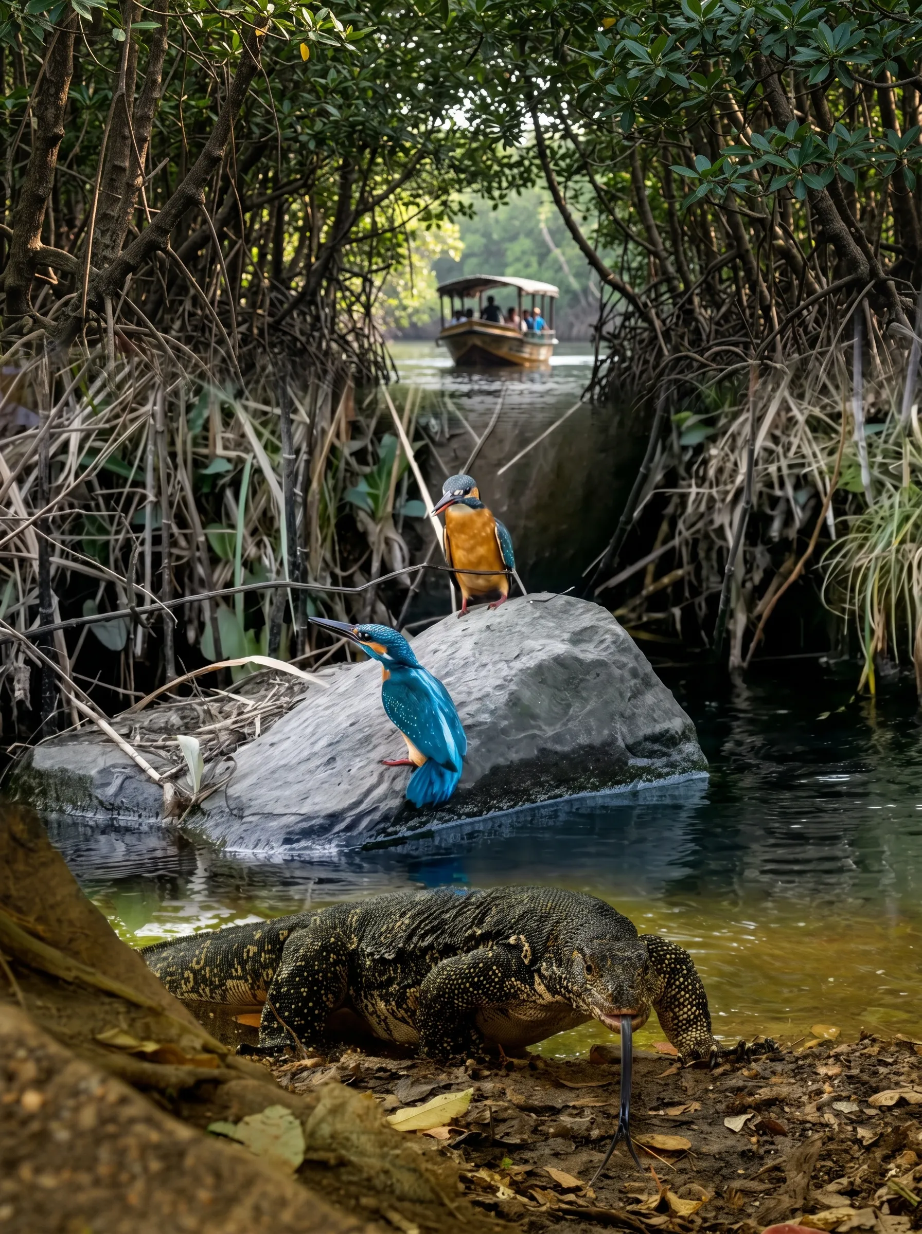 Wildlife guide spotting animals from a boat in the Bentota mangroves